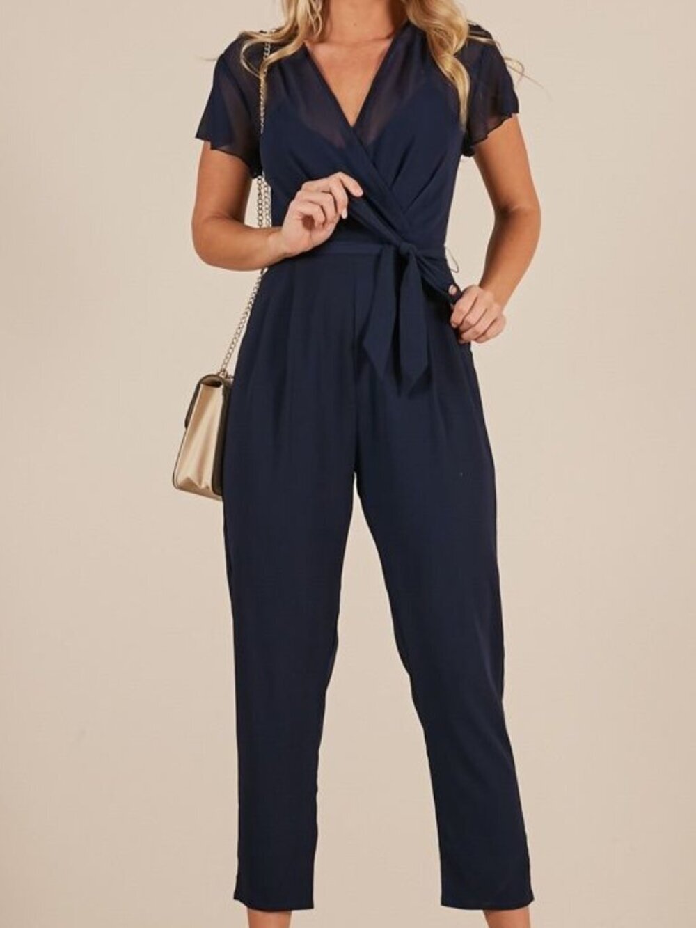 ShowPo. No Limits Navy Tie Waist Cropped Leg Formal Jumpsuit Women's Size 2